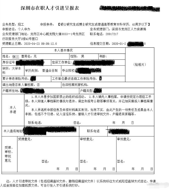 2020年全日制學歷大學生深圳市入戶人才引進申報材料樣板